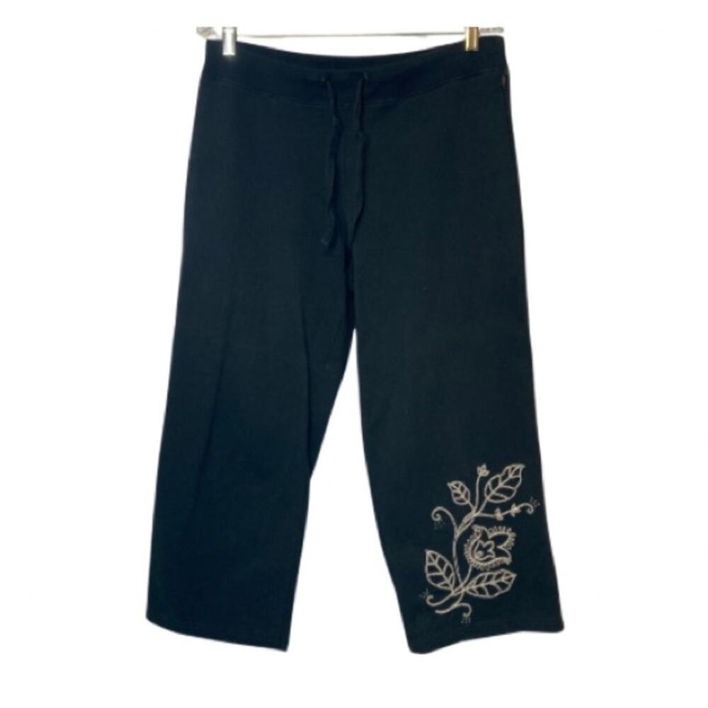Y2K New York & co Black Embroidered Floral Wide Leg Crop Sweatpants Pants Medium